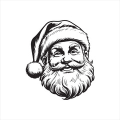 Cute Santa Claus Face Illustration Christmas Cartoon,Hand Drawn Santa Claus Head Outline Vector Art,Winking Santa Claus Face Sketch Holiday Design,Christmas Santa Claus Face Line Art Vector