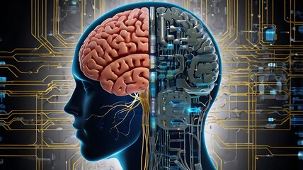 The human brain and integrated circuitry representing artificial intelligence and technological advancement
