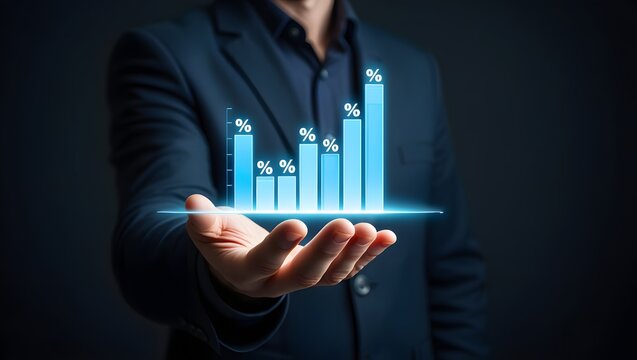 Hand holding graph with percentage, special offer of shopping department store discount and tax concept, adjusting interest rates, raising interest rates to fight inflation, returns on investments.
