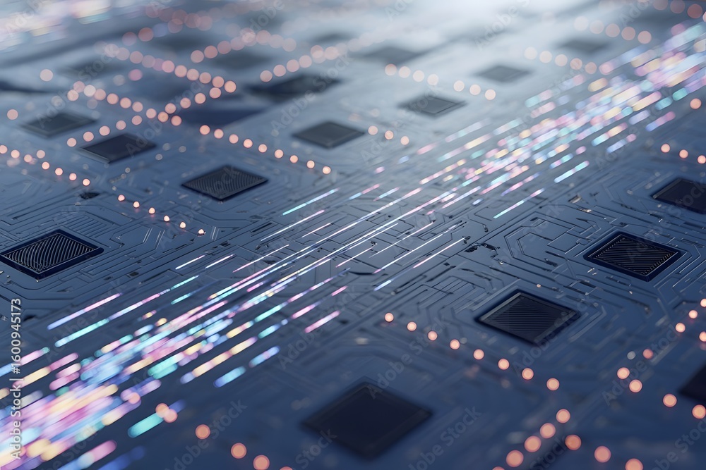 Poster futuristic circuit board with data streams and integrated chips representing high tech artificial in