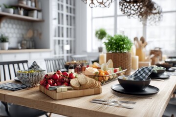 A Scandinavian kitchen features a table elegantly set for a smorgasbord meal, highlighting fresh fruits, vegetables, and a variety of breads amidst a cozy atmosphere
