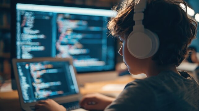 Smart teen kid boy junior middle school student using laptop learning coding data computer science digital software program information technology sitting at desk during class studying in classroom.,