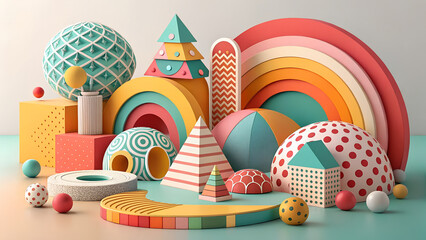 Colorful geometric shapes arranged in a playful scene with spheres cubes pyramids and rainbows present