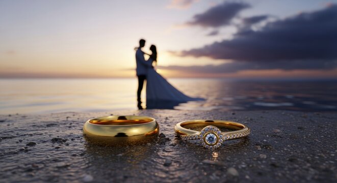 Golden wedding rings sparkle on a beach at sunset, with a bride and groom embracing in the background, symbolizing love, commitment, and a beautiful beginning.