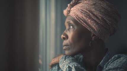 Mature African woman uncertain, looking outside window. Thoughtful mid-adult woman contemplating her future business after the pandemic. Doubtful lady at home.