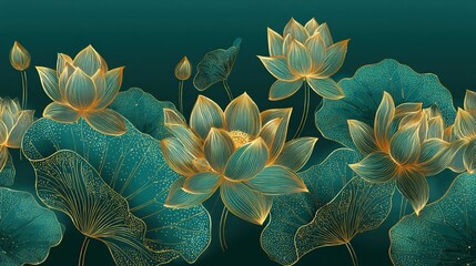 luxury lotus wallpaper design vector, lotus line arts, Golden Lotus flowers patterns design for packaging background, print, packaging, natural cosmetics, health care, invitation, cards., no logos, n