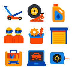 Racing Garage Icons. Flat vector icons of racing garage and maintenance: jack lift, tire change icon, oil change bottle, mechanics