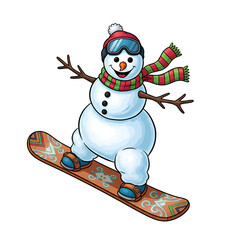 Christmas Snowman Riding Snowboard Wearing Scarf Hat Goggles Holiday Fun Isolated Transparent PNG Image  