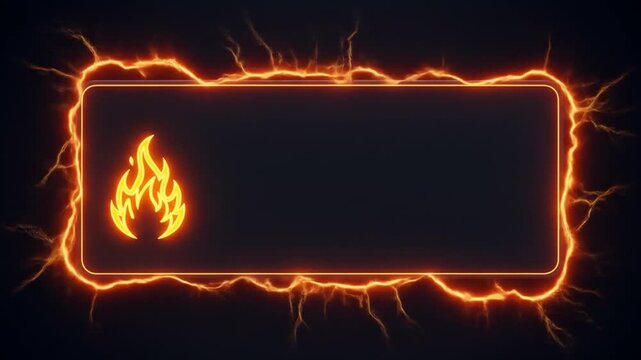 A fiery rectangle with a flame icon inside, surrounded by energized crackling. Dark background