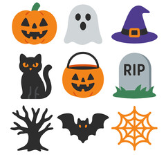 Halloween Icon Set. Flat vector icons of Halloween theme: jack-o’-lantern, ghost icon, witch hat, black cat, candy bucket,