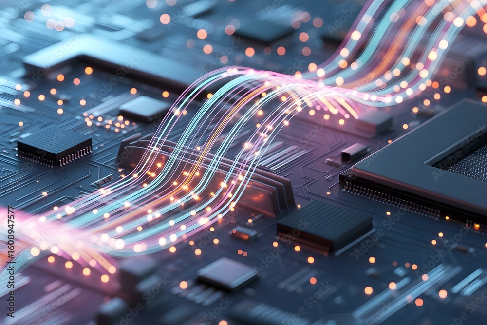 Poster futuristic circuit board with glowing data streams representing advanced technology and high speed d