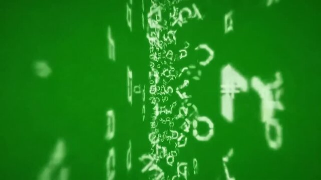 Abstract green backdrop with light shapes and simulated glowing white alphanumeric symbols floating within the frame