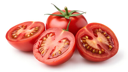 Close up of a whole tomato and three tomato halves on a white background with green stem details
