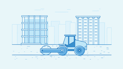 Road roller between two buildings in a city landscape with a light blue color scheme and simple line art