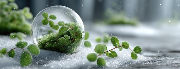 A glass sphere contains a winter landscape of trees and leaves, elegantly placed on the ground among fallen leaves in a tranquil park.