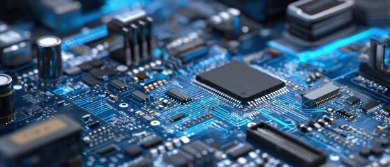 High-Tech Circuit Board:  Close-up of a Complex Microchip and Electronic Components