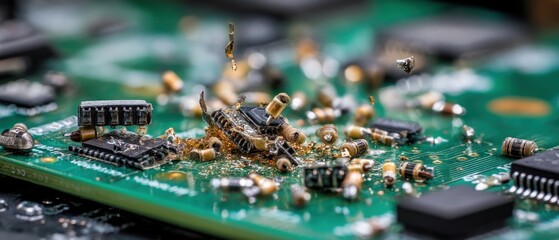 Obraz premium Circuit Board Disassembly: A Macro Photography of Exploded Electronic Components