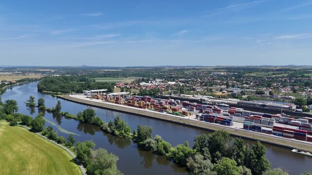 Melnik, Czech Republic - June 22, 2025 - Aerial view of container transshipment yard at the beginning of summer
