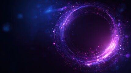 Purple abstract glowing light effect circles with sparkles on dark background. Abstract background for science, universe and cosmos, futuristic digital technologies, energy.