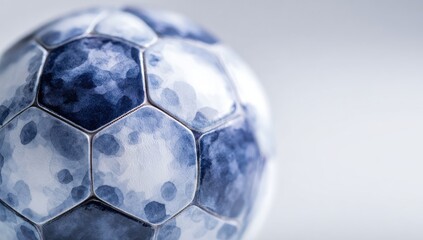 Naklejka premium Close-up of a soccer ball with a unique, abstract blue and white design, showing hexagonal panels and a shallow depth of field against a blurred background