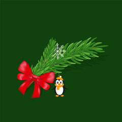 Christmas vector illustration with fir branch, red bow, snowflake and cute penguin toy
