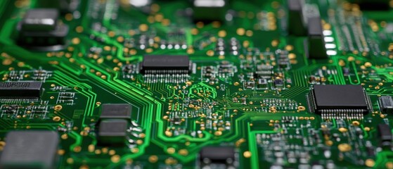 Intricate Green Circuit Board: A Close-Up View of Microchips and Electronics