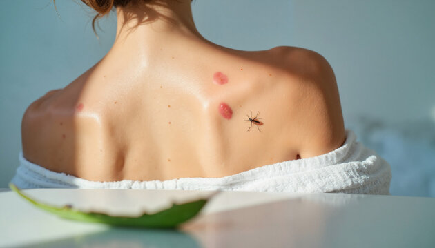 Woman's back with insect bite marks illuminated by natural light  