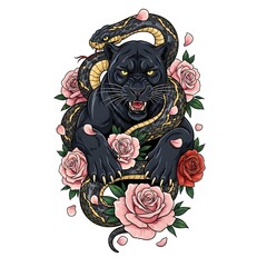 Artistic Representation of a Panther Surrounded by Roses and a Snake in a Unique and Vibrant Design