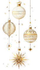 Ornate, cream-colored Christmas ornaments, hanging