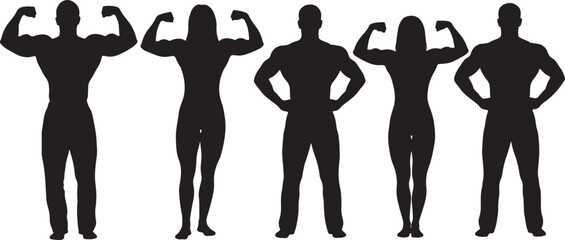 Male and female bodybuilder silhouettes flexing muscles, bodybuilder, silhouette, male, female, muscles, flexing, fitness, strength, power, athletic, sport, workout, exercise, health, healthy, anatomy