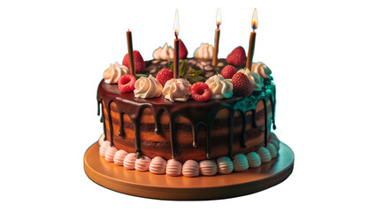 Chocolate cake with candles strawberries raspberries and whipped cream on a wooden cake stand isolated