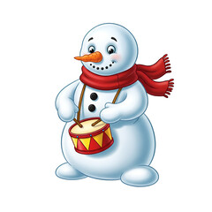 Cute Snowman Playing Drum with Red Scarf Christmas Holiday Winter Art Isolated Transparent PNG Image  
