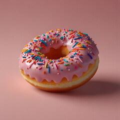 Single Pink Donut with Sprinkles on Soft Pink Background