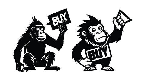 Silhouette Vector of Ape Holding Buy Stock Sign – Funny Meme Gorilla Stock Trader Graphic – Wall Art, T-Shirt, Sticker, Print, Digital Download