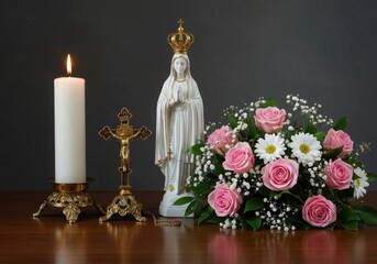 Fototapeta premium Religious altar with candle crucifix statue of virgin mary and pink roses