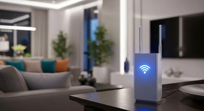A wifi extender, Blue wifi symbol, Connected smart home