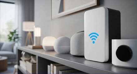 A wifi extender, Blue wifi symbol, Connected smart home