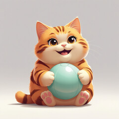 red British kitten playing with a blue ball lying on a white background