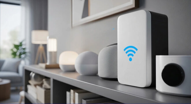 A wifi extender, Blue wifi symbol, Connected smart home - Powered by Adobe
