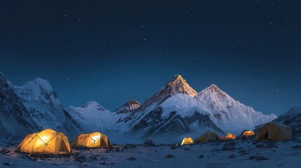 Night view of Mount Everest with illuminated tents. Base camp setup for mountaineering expedition under starry sky. Adventure and travel concept. © Johannes