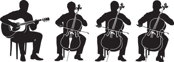 Obraz premium Silhouettes of musicians playing guitar and cello vector, cello, guitar, musician, music, playing, performance, classical music, acoustic guitar, string instrument, silhouette, black and white, isolat