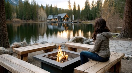 A person sits peacefully by a campfire, watching a stunning sunset over Lake Tahoe surrounded by trees and a serene lakeside view