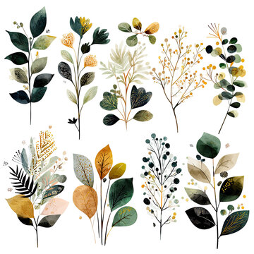 Botanical illustration of various leaf and flower clusters in muted tones
