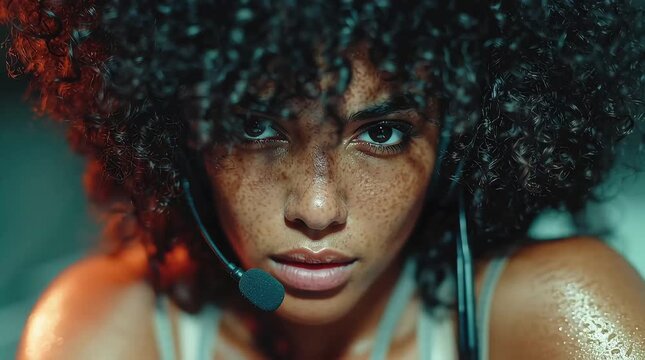 4K video of a black female call center agent on a head set talking to a cilent in a modern call center
