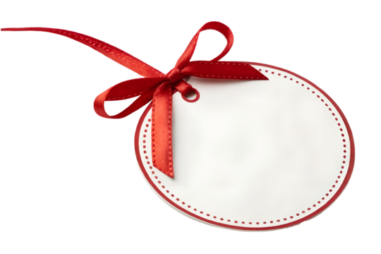 Blank gift tag shaped like a present with a red bow, isolated on white. background.