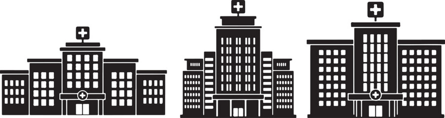 Three black hospital building icons with plus signs, hospital, medical, healthcare, building, icon, clinic, architecture, health, symbol, cross, plus sign, emergency, treatment, care, medicine, servic
