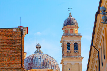 Towers and domes of Cathedral in Padova, Italy. Detailed view of the church dome and tower,...