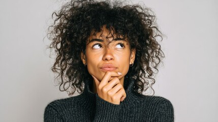 Isolated portrait of stylish young mixed race woman with dark shaggy hair touching her chin and looking sideways with doubtful and sceptical expression, suspecting her boyfriend of lying to her, no l