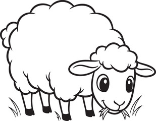 Fototapeta premium A cartoon illustration of a fluffy sheep grazing on grass, depicted in black and white.