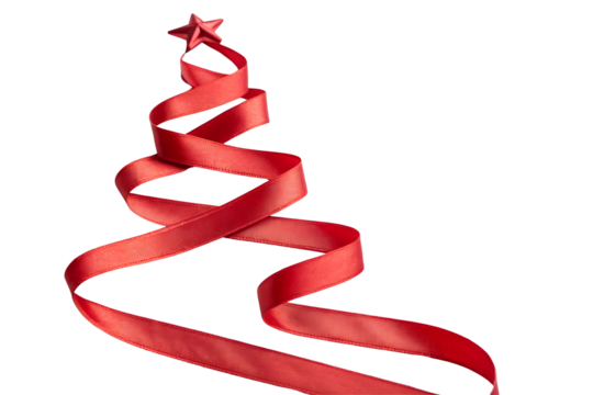 Creative Christmas tree made from a swirling red ribbon with a star on top, isolated on a white background.